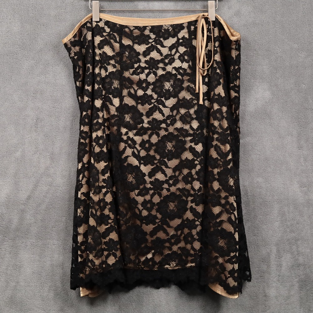 VTG Y2K Satin Lace Overlay Black Gold Skirt Whimsigoth Fairy Dark Romantic Sz 2X